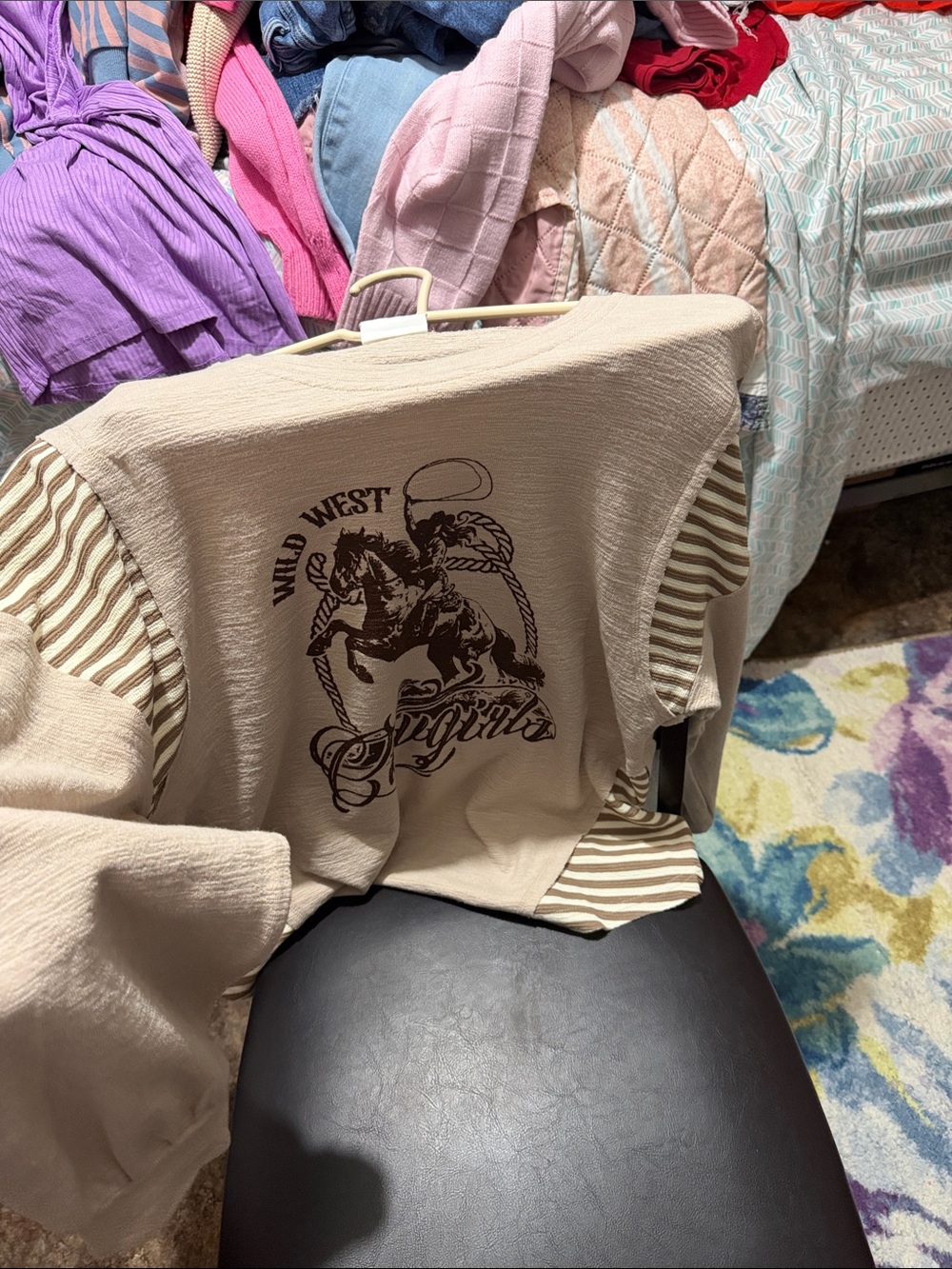 Very J Beige Wild West Graphic Long Sleeve Top